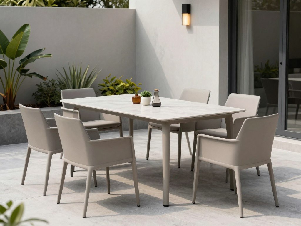 Modern outdoor dining area with sleek table and chairs in a contemporary backyard landscape
