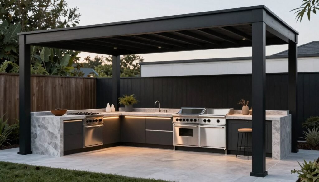 Modern outdoor kitchen with black metal pergola, integrated lighting, and contemporary furnishings
