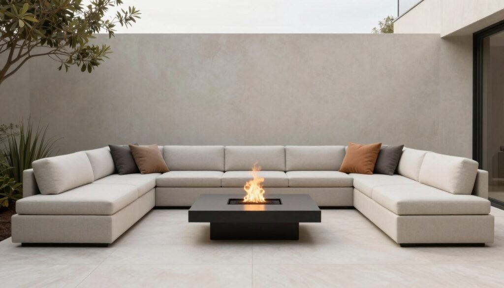 Modern outdoor lounge area with low-profile furniture and fire feature in contemporary backyard