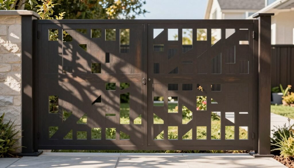 Modern outdoor privacy screen with geometric pattern creating dappled light in a contemporary backyard