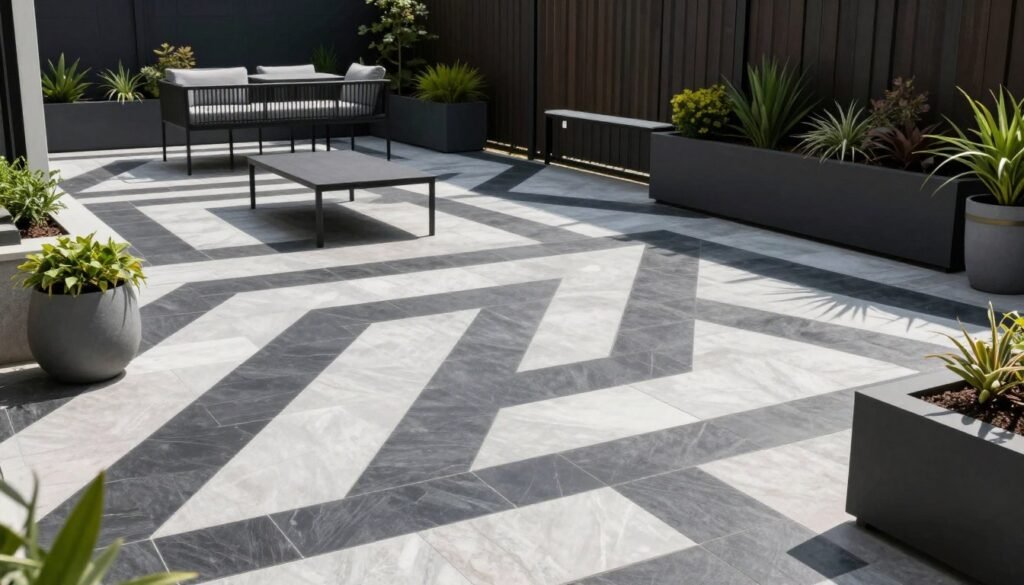 Modern patio with bold geometric paver pattern in contrasting colors