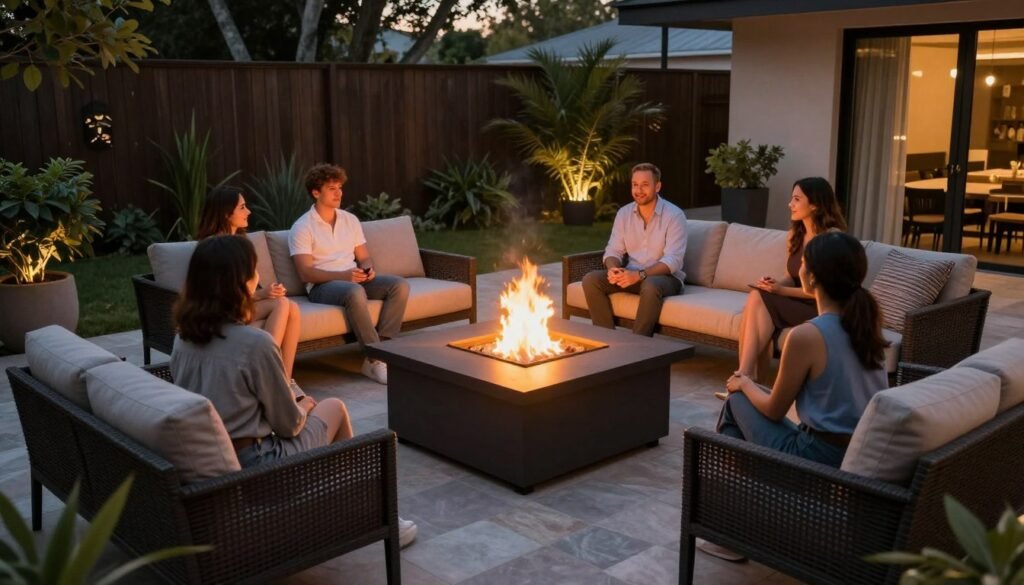 Modern patio with fire pit surrounded by comfortable seating for gathering Modern patio with fire pit surrounded by comfortable seating for gathering