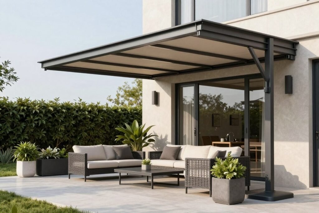 Modern patio with retractable canopy providing adjustable shade Modern patio with retractable canopy providing adjustable shade