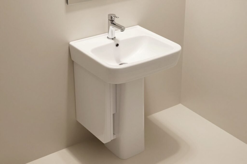 Modern pedestal sink with integrated small storage cabinet in compact bathroom