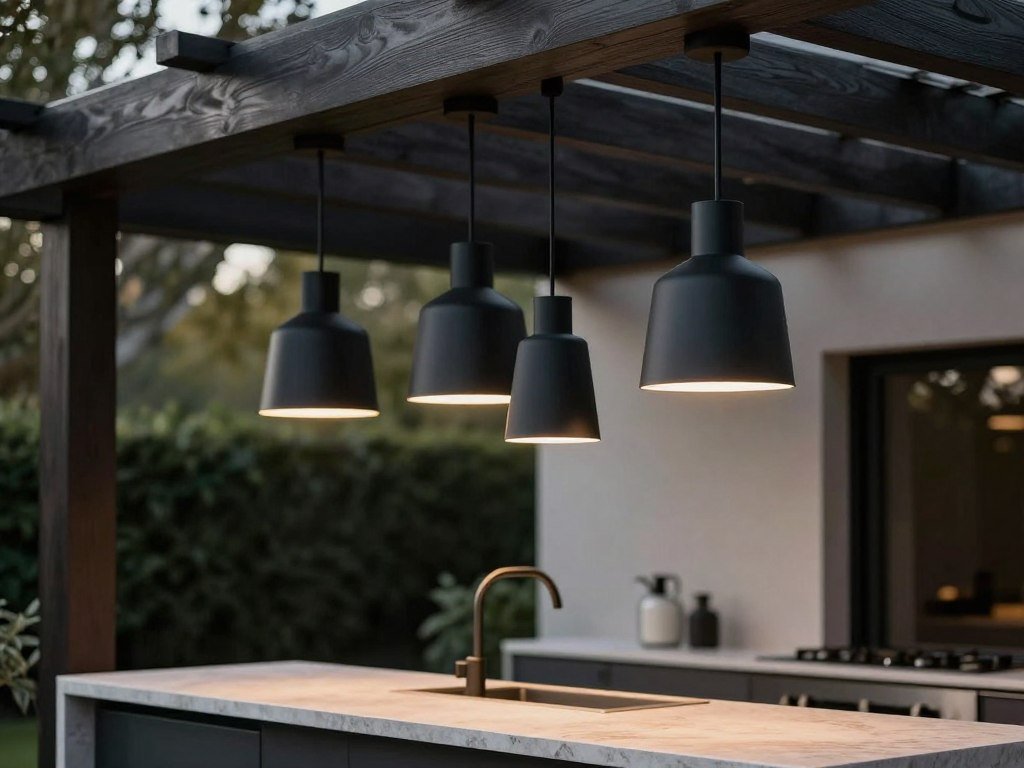 Modern pendant lights hanging from a dark pergola over an outdoor kitchen island