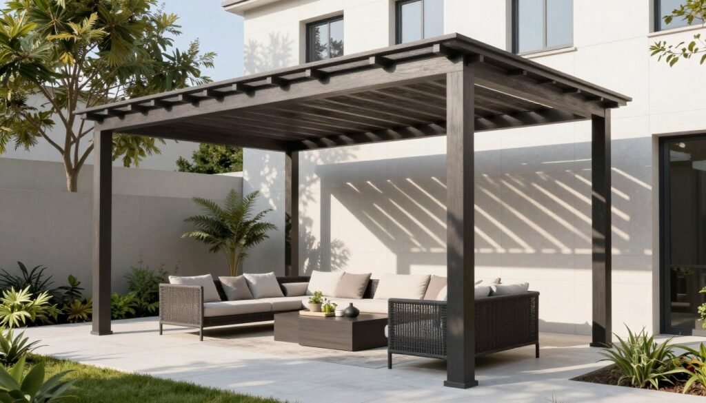 Modern pergola with clean lines providing shade over an outdoor seating area in a contemporary backyard