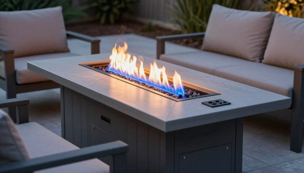 Modern propane fire pit table with blue fire glass on a contemporary patio with seating