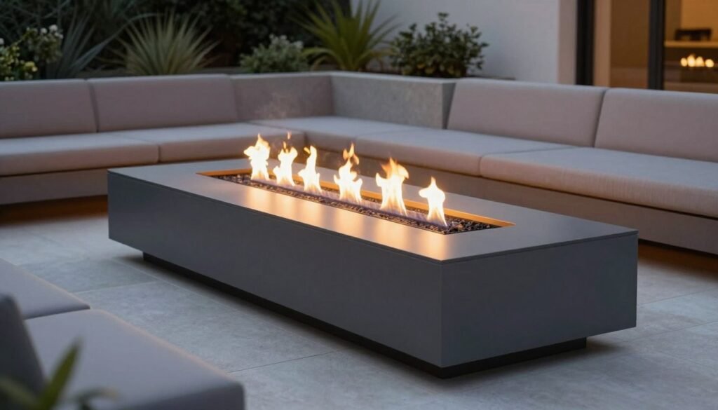 Modern rectangular fire pit with clean lines surrounded by contemporary outdoor seating in a modern backyard landscape