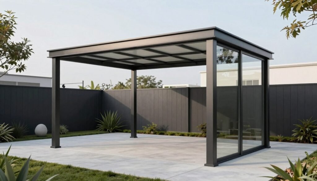 Modern rectangular gazebo with metal frame and retractable canopy in a contemporary backyard