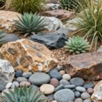 Modern rock garden with drought-resistant plants and various sized stones
