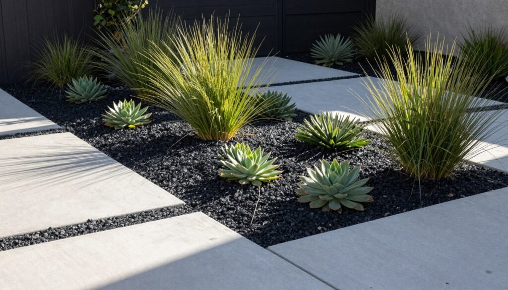 Modern side of driveway landscaping with clean lines and minimalist design
