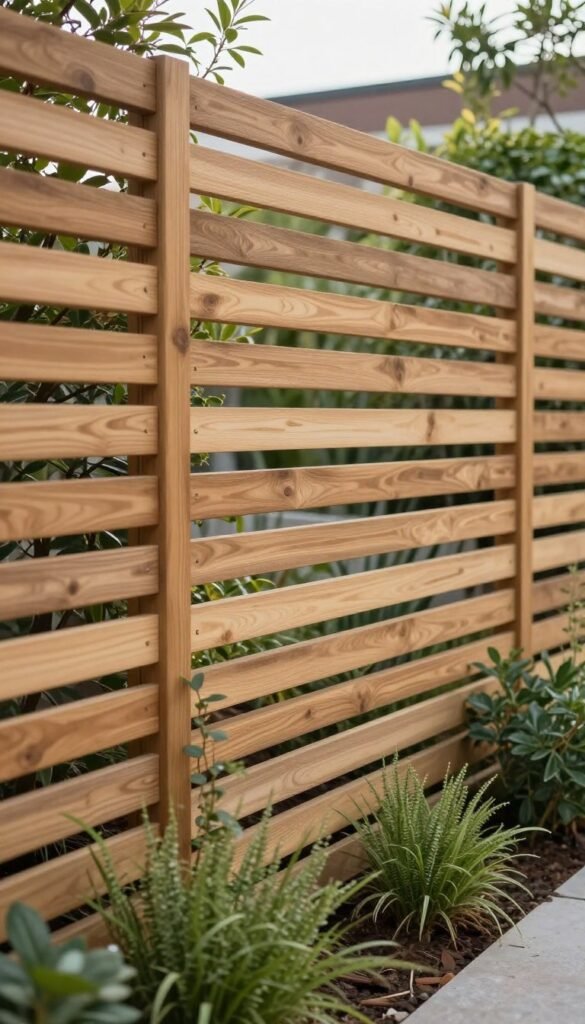Modern slatted wood fence with integrated plantings creating semi-transparent boundary