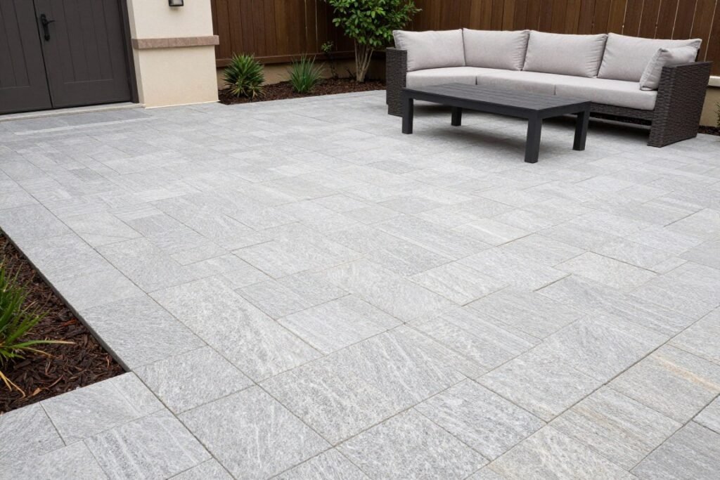 Modern stone paver patio with geometric pattern and outdoor furniture