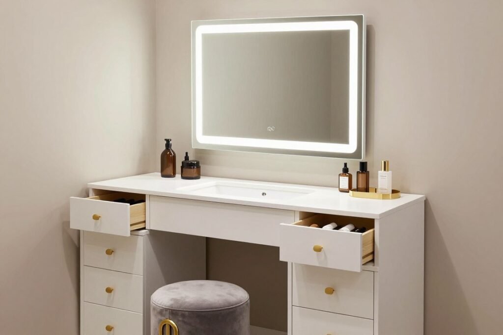 Modern vanity room concept with makeup station and storage solutions Modern vanity room concept with makeup station and storage solutions