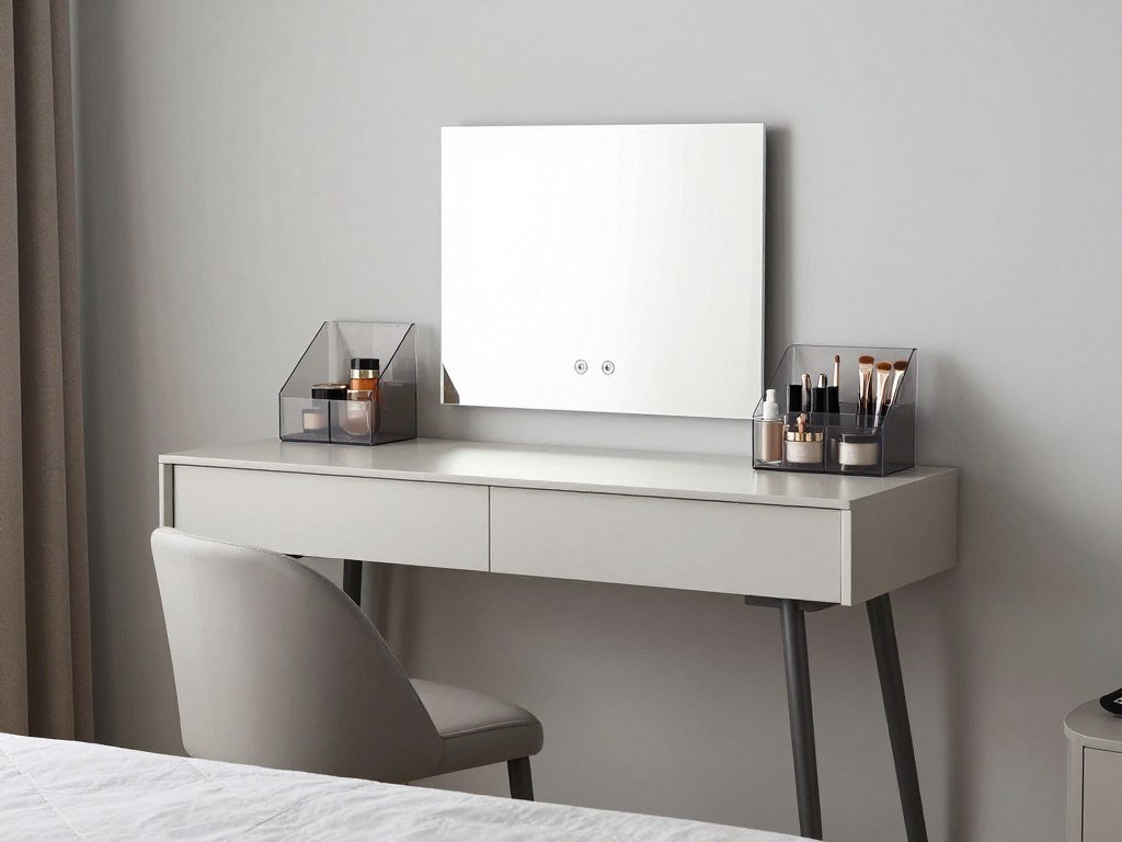 Modern vanity table with clean lines and minimalist organization in a contemporary bedroom
