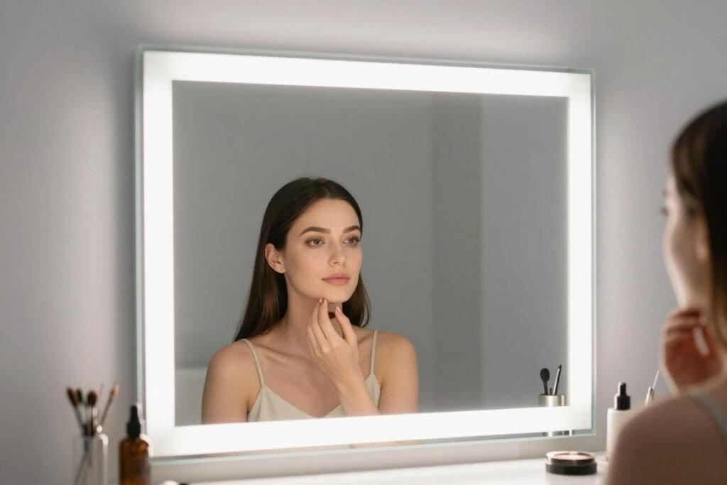 Modern vanity with LED strip lighting around the mirror