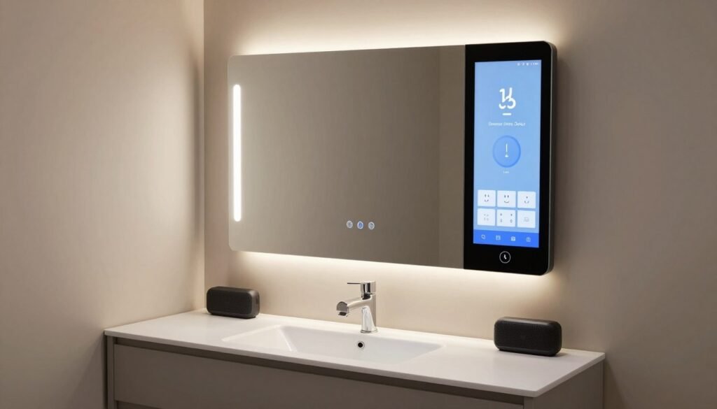 Modern vanity with integrated technology features like smart mirrors, charging stations, and app-controlled lighting