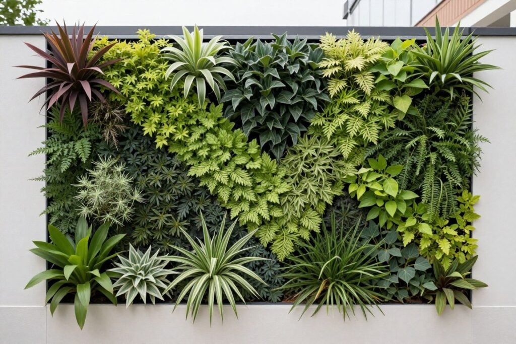 Modern vertical garden with geometric planting pattern on a contemporary backyard wall