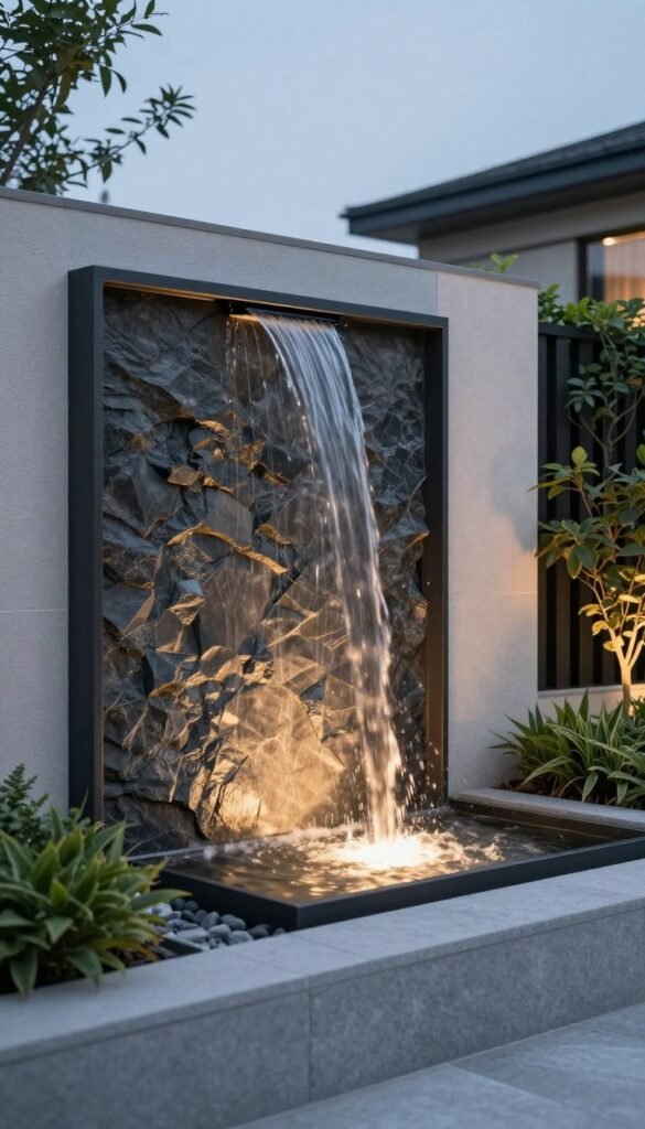Modern wall fountain creating vertical interest in a contemporary backyard