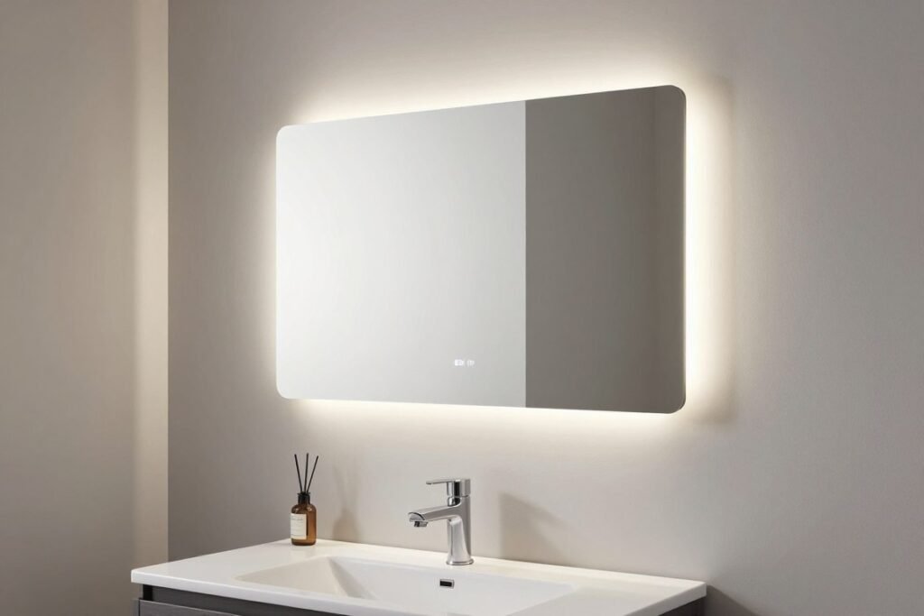 Modern wall-mounted vanity mirror with LED backlighting in a contemporary bathroom