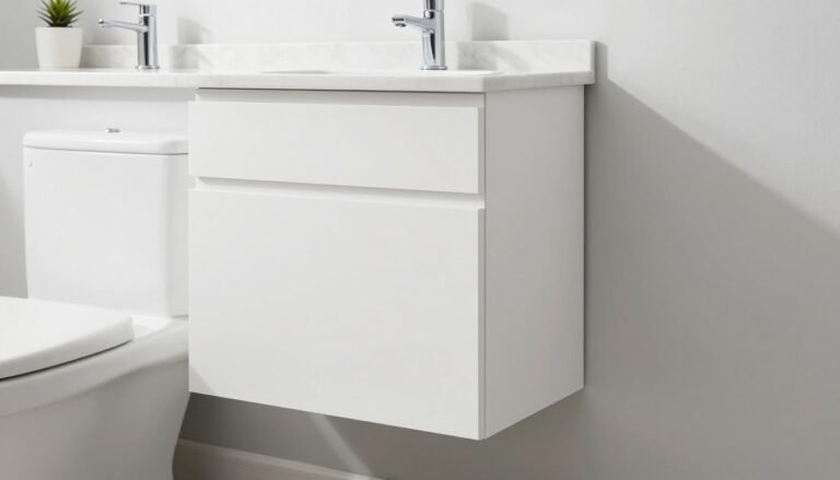Modern white bathroom vanity with matching storage tower in a bright, contemporary bathroom