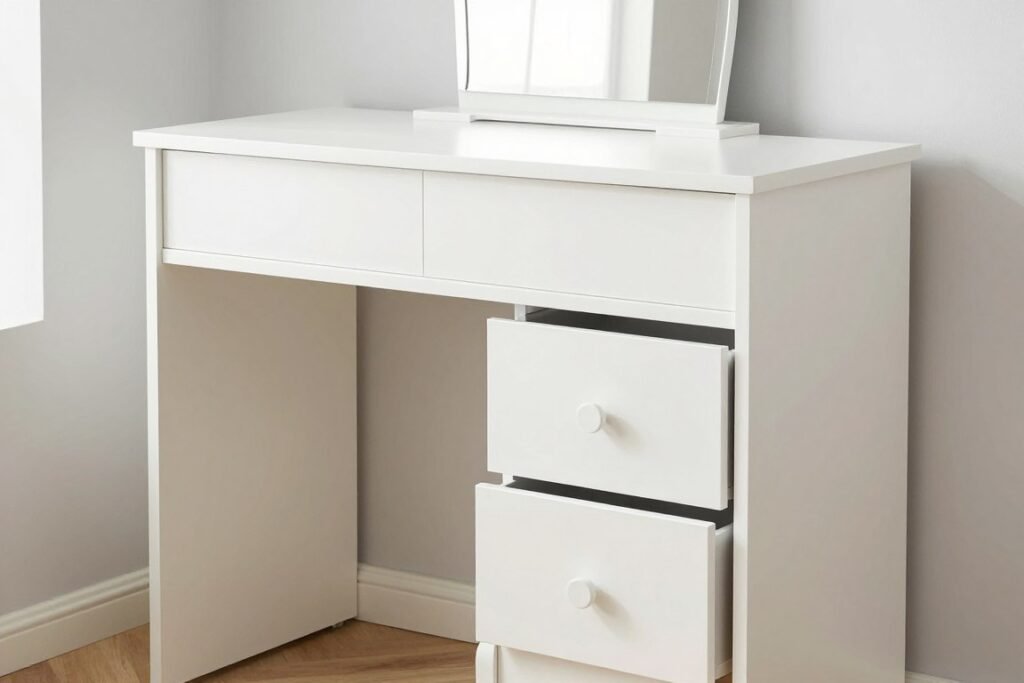 Modern white makeup vanity table with drawers and elegant design