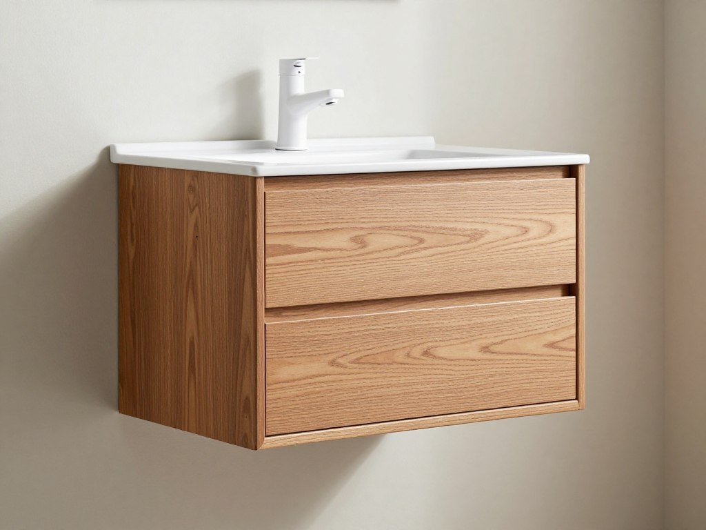 Modern wooden floating vanity with drawers and white countertop
