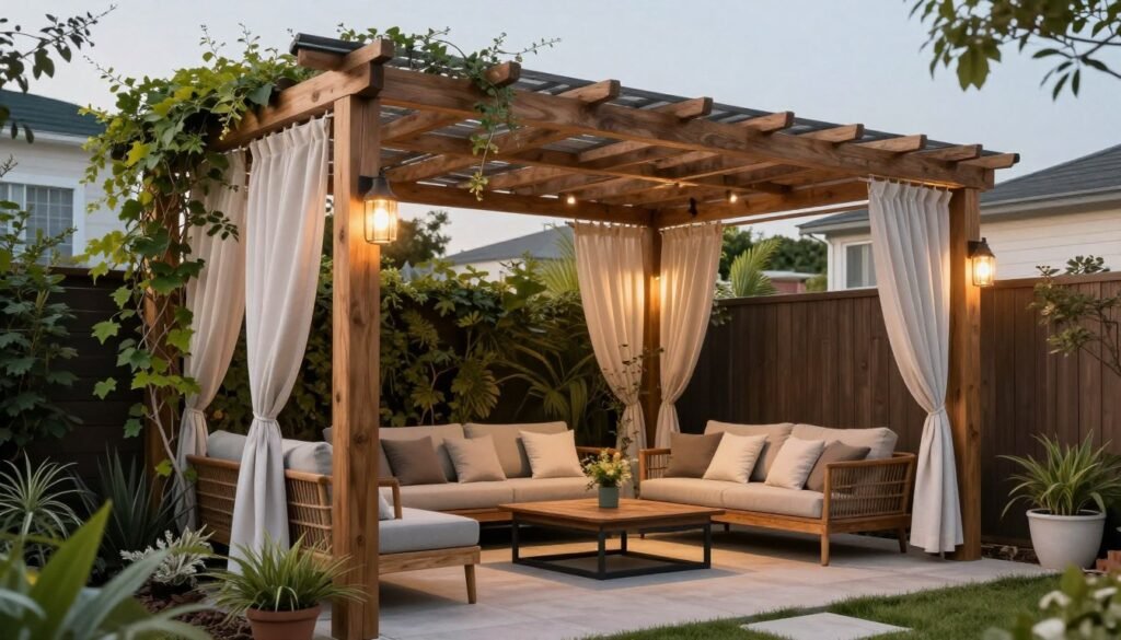 Modern wooden pergola with climbing plants, comfortable seating, and outdoor curtains for privacy
