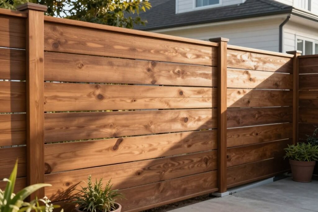 Modern wooden privacy fence with horizontal slats in a contemporary backyard Modern wooden privacy fence with horizontal slats in a contemporary backyard