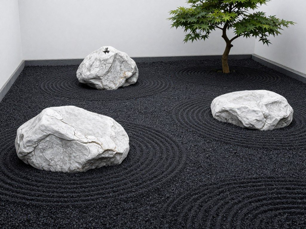 Modern zen garden with black gravel and white boulders Modern zen garden with black gravel and white boulders