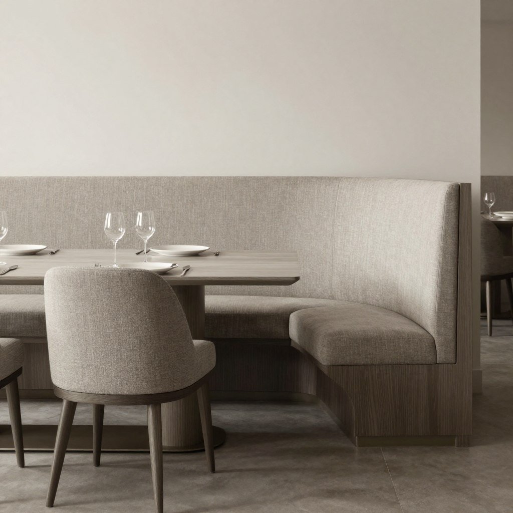 Monochromatic dining banquette bench styling in neutral tones
