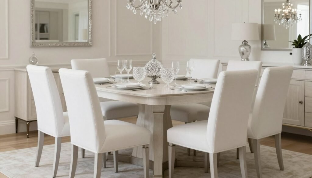 Monochromatic white and cream dining room with silver and crystal accents