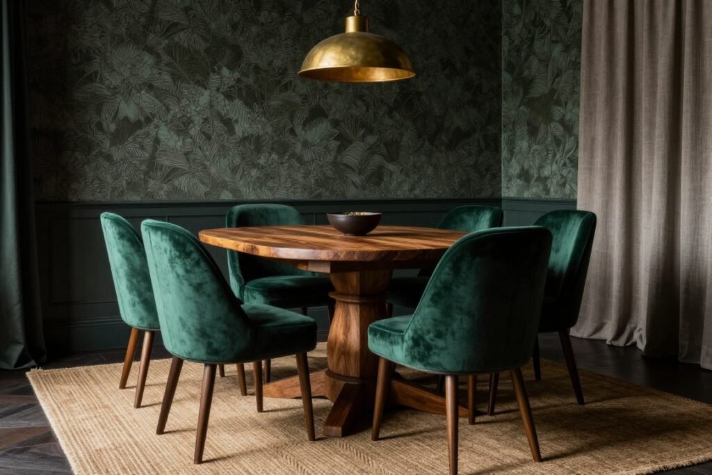 Moody dining room showcasing various textures including velvet chairs, wooden table, and brass accents