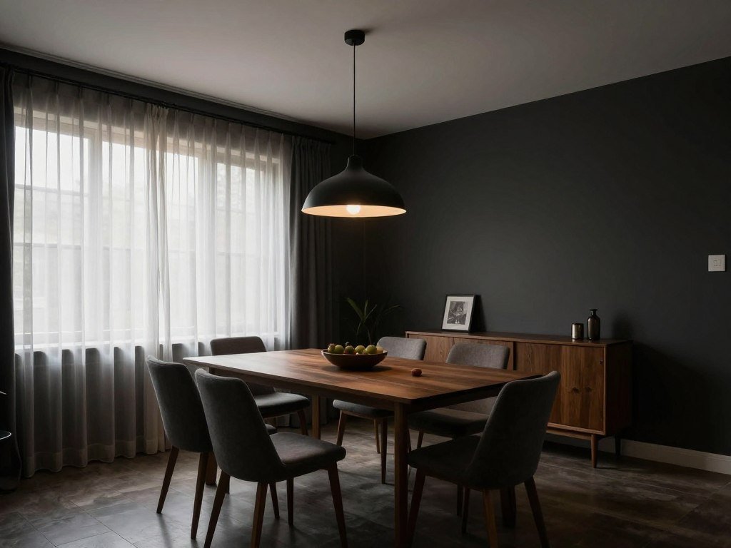 Moody dining room showing practical elements like window treatments and lighting controls