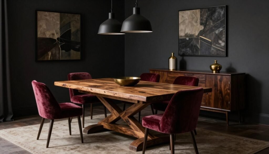 Moody dining room with substantial wooden table, upholstered chairs, and statement sideboard