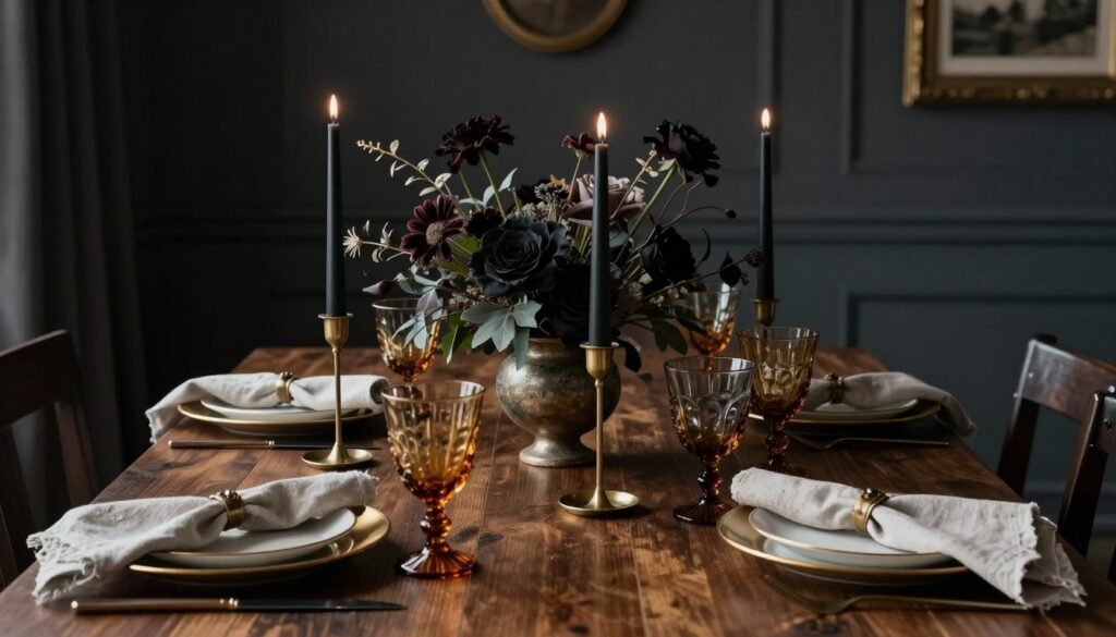 Moody dining table styled with candles, dark florals, and vintage tableware