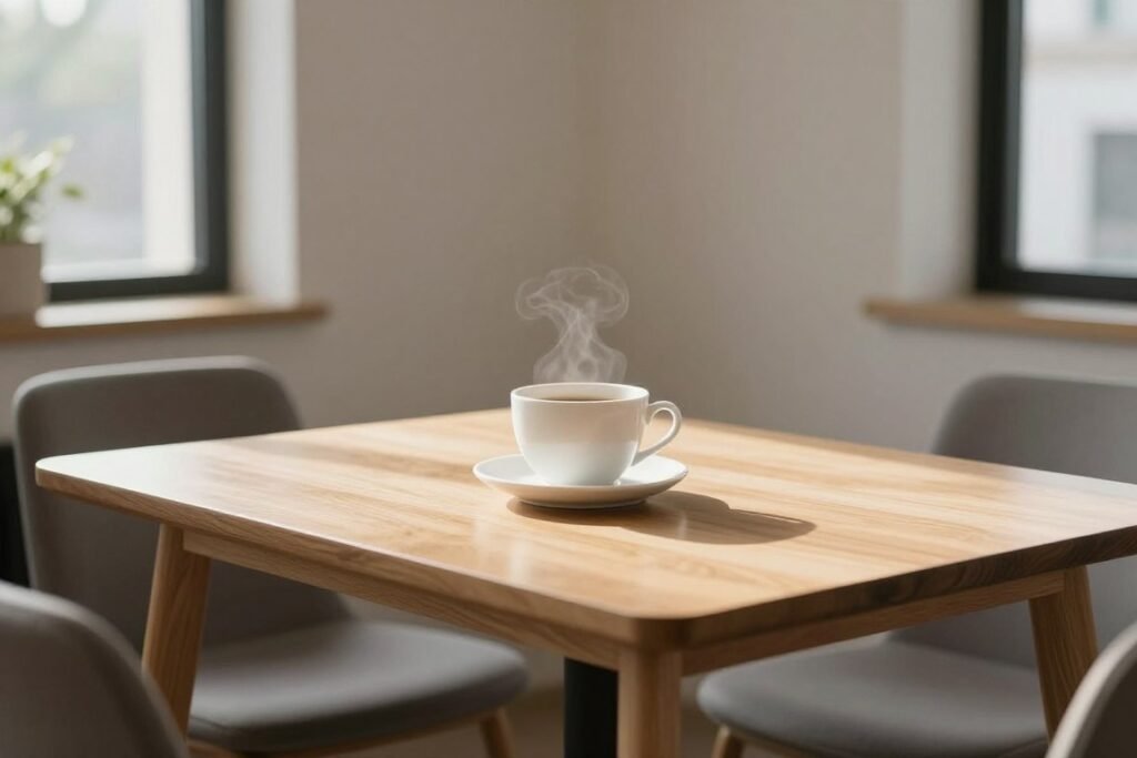 Morning coffee in minimalist dining space Morning coffee in minimalist dining space