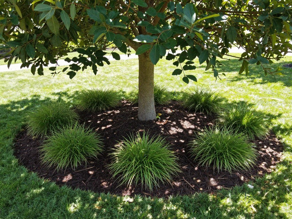 Mulched tree island with shade-loving plants surrounding tree trunk