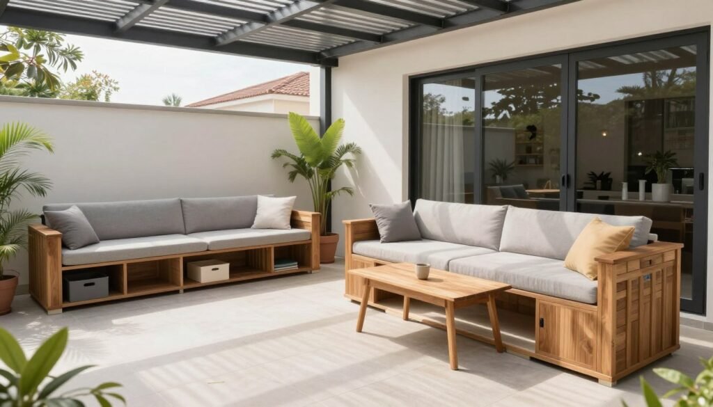 Multi-functional apartment patio with convertible furniture, storage solutions, and defined zones for different activities