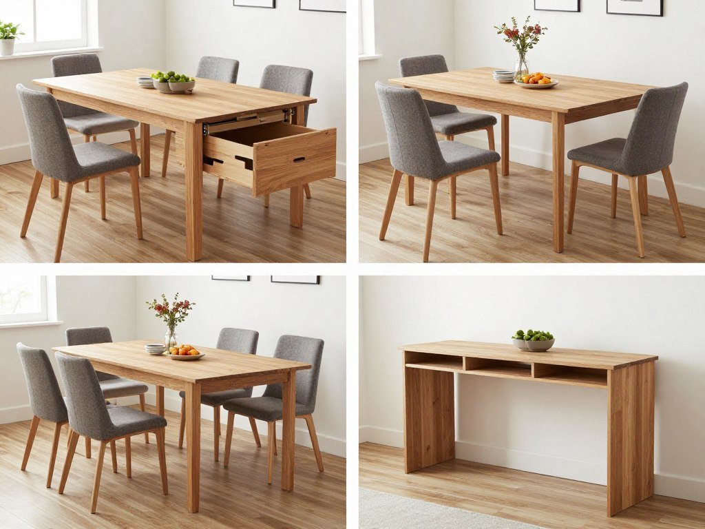 Multi-functional dining table designs showing storage features, height adjustability, and convertible capabilities