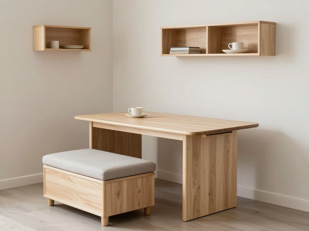 Multi-functional furniture in a small living room with dining area