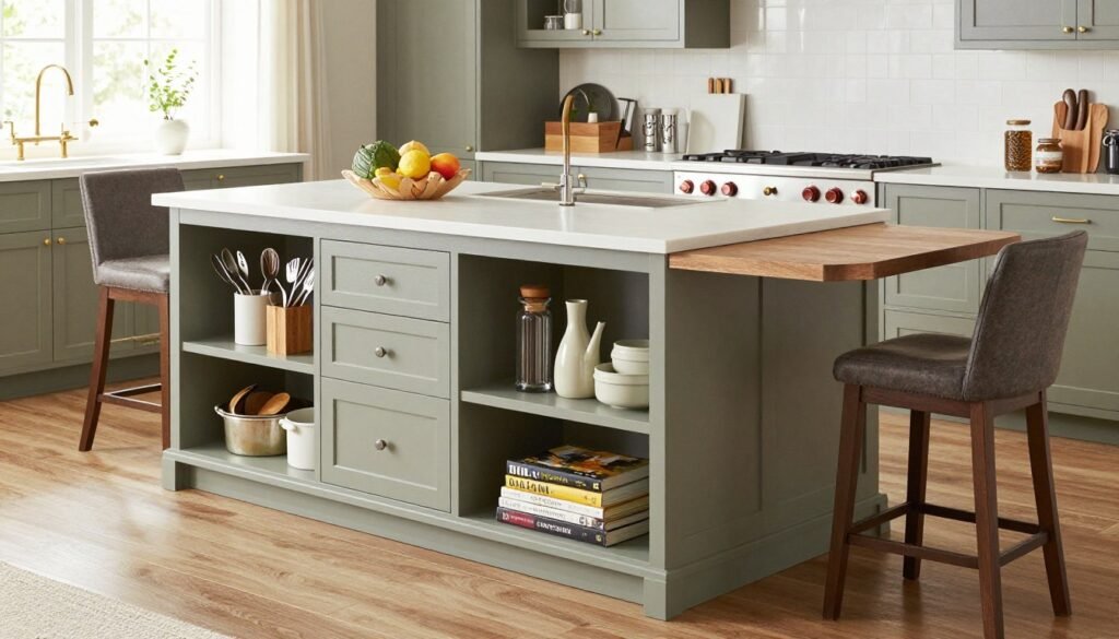 Multi-functional kitchen island with various storage features and dining space
