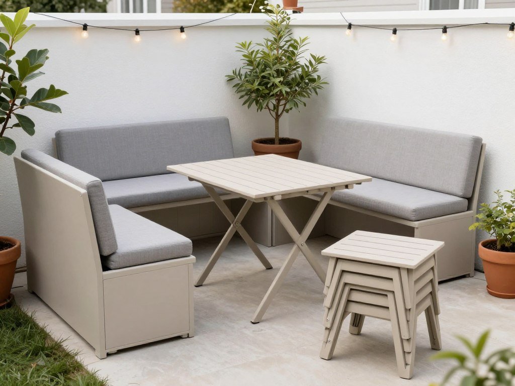 Multi-functional outdoor furniture in a small backyard setting with storage benches and foldable table