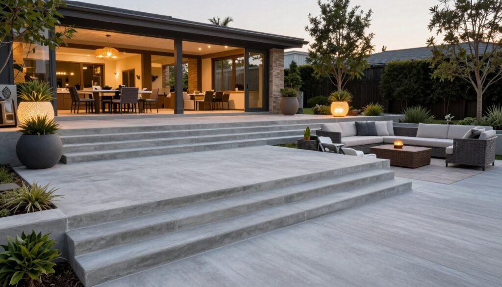 Multi-level concrete patio with different functional zones connected by wide steps