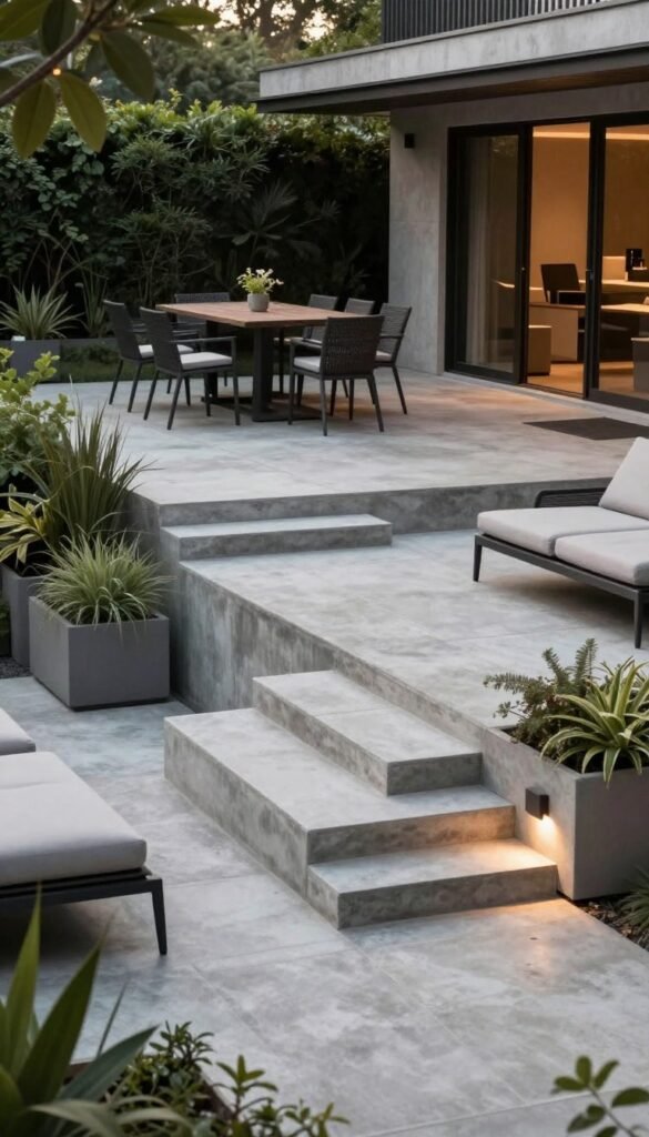 Multi-level concrete patio with steps connecting dining and lounge areas