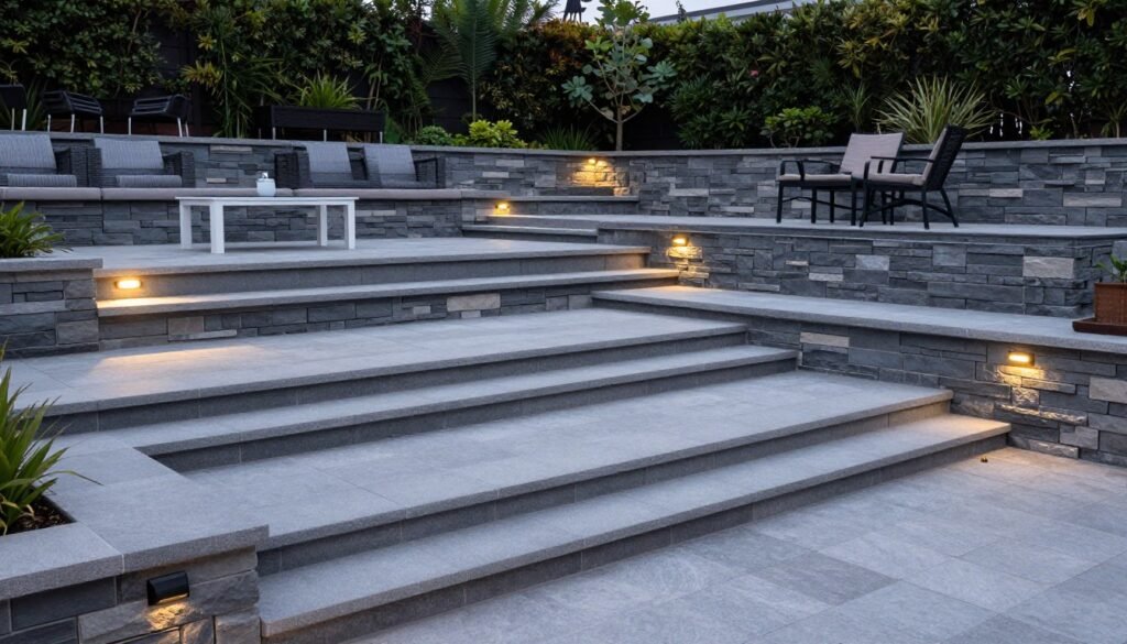 Multi-level paver patio with steps and retaining walls creating distinct outdoor rooms