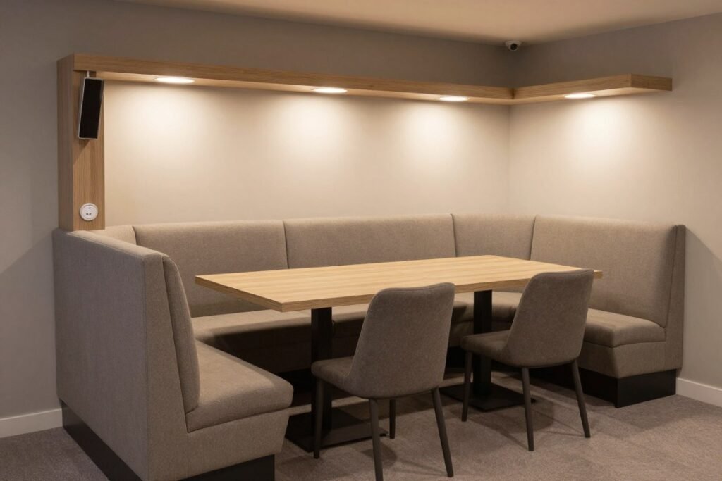 Multi-purpose dining booth that doubles as a home office