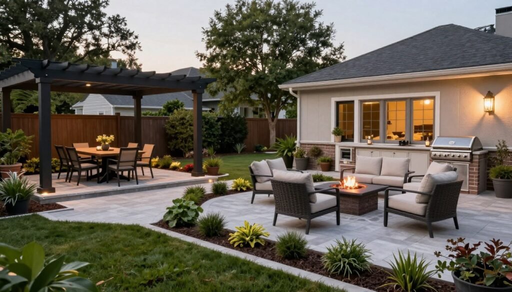 Multi-zone backyard patio with distinct areas for dining, lounging, and cooking, separated by planters and different flooring materials