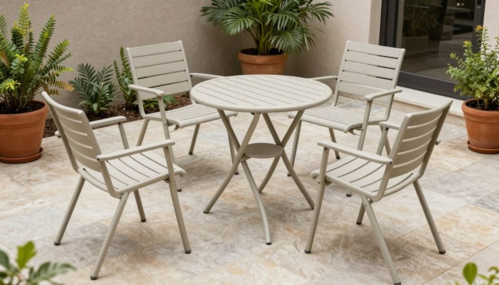 Multifunctional patio furniture for small spaces including folding chairs and nesting tables
