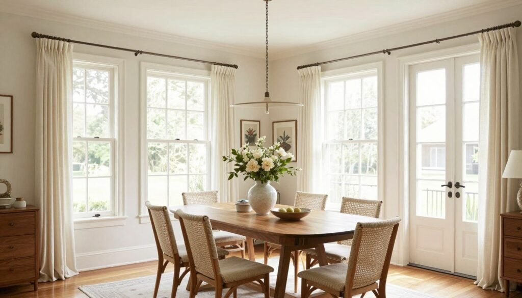 Nancy Meyers dining room bathed in natural light with white walls and neutral tones